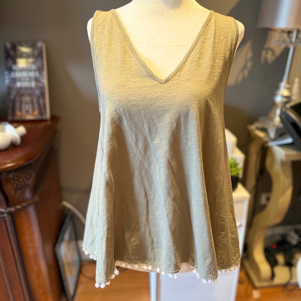 Sleeveless Tan Top with Pom-Pom Trim